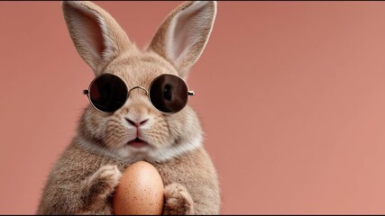 Rabbit wearing sunglasses holding egg. Easter holiday concept. - Powered by Adobe