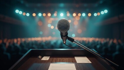 Modern microphone on a stage podium for public speaking, with a vibrant blurred audience and colorful spotlights.
