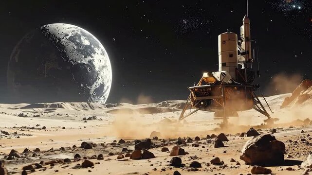 Lunar lander on a rocky surface with a large planet in the background.