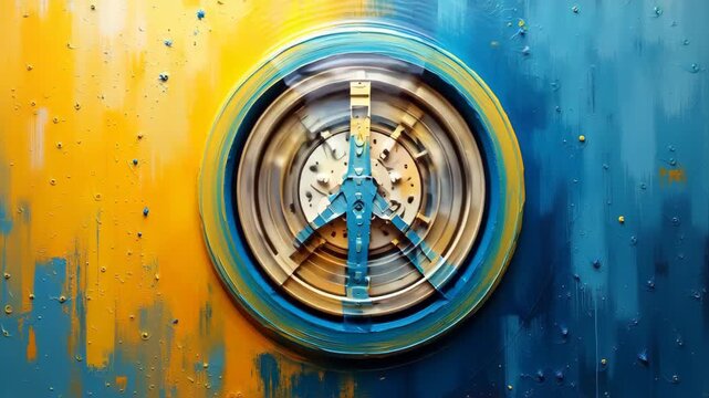 Orange peace symbol painted with thick texture on blue yellow abstract background in expressive artistic style. concept of peace and support Ukraine