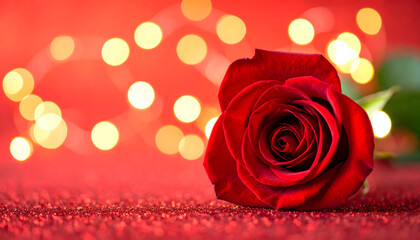 A deep red rose resting on a soft red surface with a glowing background, symbolizing love, romance, passion, and elegant celebration, perfect for Valentine&rsquo;s Day or romantic themes.