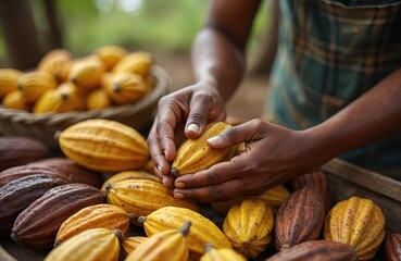 Farmer holds ripe cocoa pod near pile of yellow and brown fruits. Man sorts cacao produce for processing. Harvested cocoa beans ready for chocolate.