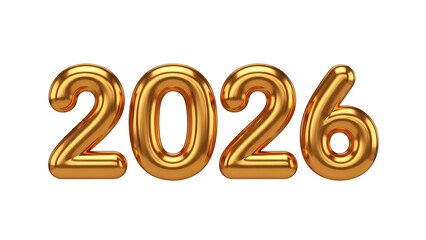 Golden balloon numbers 2026, shiny and reflective on white background