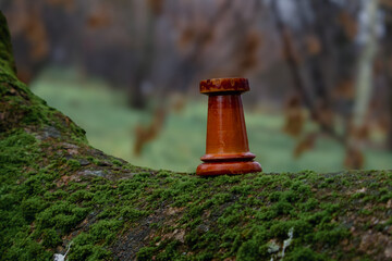 Obraz premium Wooden chess rook stands on moss-covered tree trunk. Blurred trees and foliage visible in distance.