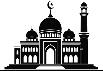 Islamic mosque silhouette with domes and minaret featuring crescent moon symbol, religious architecture, faith, and spiritual worship concept isolated on white background © Sujoy