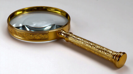 Photo of an antique magnifying glass with a golden handle, on a white background with a white high resolution, no text or words