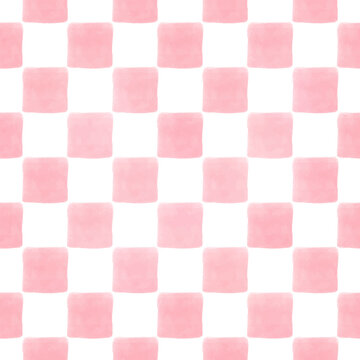 Cute red pink pastel checkerboard with rounded squares seamless watercolor pattern