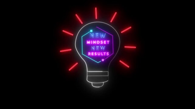 Glowing neon light bulb with text new mindset new results and red rays on black background idea inspiration