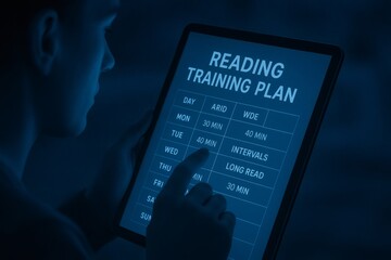 User interacting with a digital screen showing a weekly reading training plan, focusing on personal development and learning