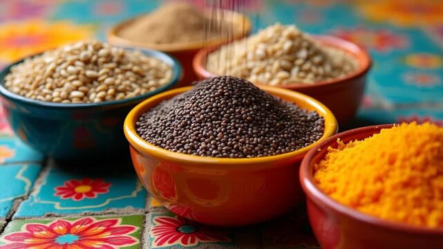 Colorful bowls filled with chia seeds, amaranth, quinoa and pumpkin seeds on bright Mexican tile background, ancient Latin American superfoods, traditional nutritious ingredients