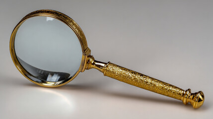 Photo of an antique magnifying glass with a golden handle, on a white background with a white high resolution, no text or words