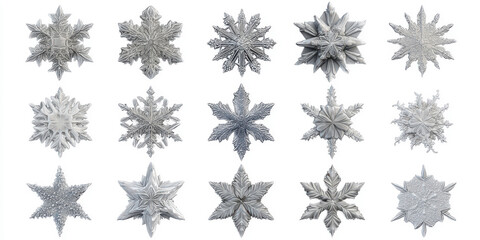 Elegant 3D Snowflake Collection Against Crisp White Background, Perfect for Holiday Designs and Winter Themes