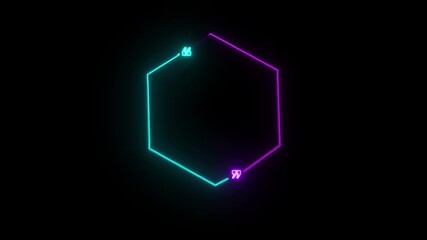 Hexagonal frame with neon quote marks in blue and purple on black background quotation