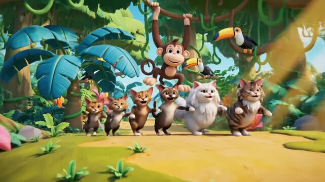 A cartoon cat dancing with friends in a vibrant jungle scene viewed from a slight elevation
