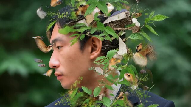自然断片が織り重なり野生動物保護士の顔を象るアート表現ストップモーションアニメーション