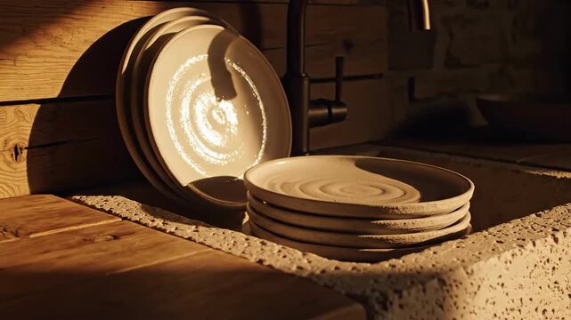 Rustic Charm Ceramic Plates In An Artisanal Kitchen With Warm Lighting