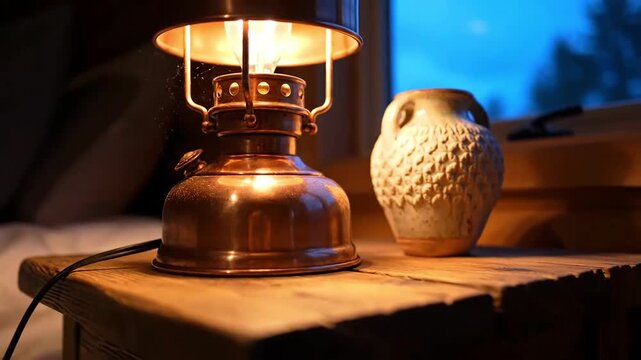 Rustic Charm Of Vintage Lantern Aglow On Wooden Tabletop At Twilight Hour In Cozy Room