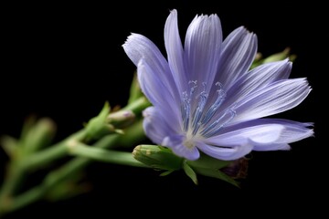 Fototapeta premium Close-up of delicate purple chicory blossom against black background