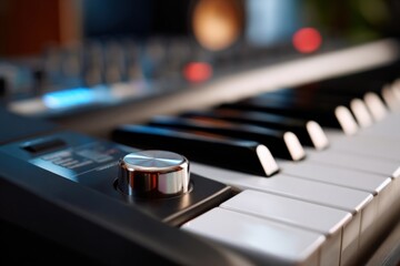 Close-up of electronic synthesizer keyboard in studio lighting