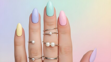 Woman's Hand with Pastel Almond Nails and Delicate Pearl Rings on Soft Gradient Background