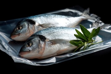 Fresh raw fish with green herbs on black background