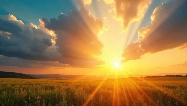 Golden sun rays piercing through a partly cloudy sky, illuminating the landscape with a warm, radiant glow Perfect for nature, weather, and energy themes , white clouds, celestial
