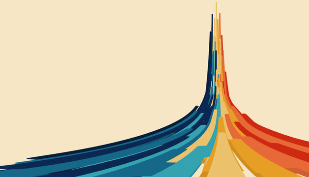 Rainbow stripes striving upward. 70s retro futurism. Vintage wavy lines. Abstract vector background. Wallpaper for posters, wall panels, banners. Retro color illustration in 3D perspective