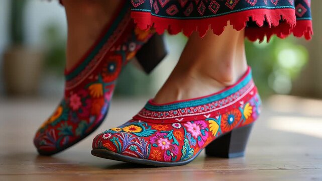 Traditional Latin American folk dance shoes with comfortable low heels, colorful embroidered details, cultural dance activity, dance therapy symbolism