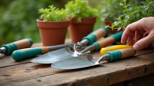 Hand take aluminum garden tools with ergonomic grips on rustic wooden potting table, gardening equipment