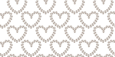 Contour Heart shape made of outline Coffee Beans Seamless Pattern Banner Format Coffee shop Backdrop. Isolated Vector illustration Coffee Thematic Cards Background Promo or Web Banner, leaflets, label