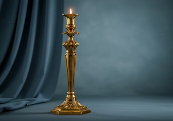 Golden candlestick with a lit candle on a blue background