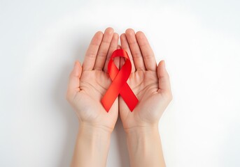 Hands holding red awareness ribbon on white background