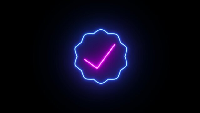 Neon pink checkmark inside a blue starburst on black background abstract approval