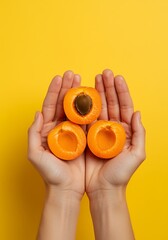 Hands holding three halves of apricots on yellow background
