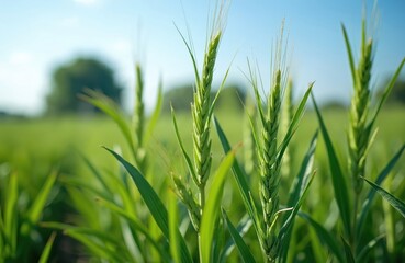 Fototapeta premium Green unripe wheat stalks sway gently in a sunlit field under a clear blue sky. This young grain crop shows signs of healthy growth. Nature scene of agriculture.