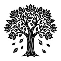 Obraz premium Vintage Style Linocut Silhouette of a Fruit Tree with Falling Leaves and Berries on White