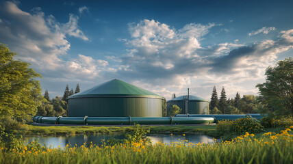 Biogas renewable energy concept with rural biogas processing tanks near agricultural land.