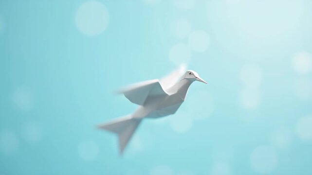White origami dove with crisp paper folds flying in soft air, blurred sky-blue background, minimal paper-art aesthetic, peace symbol