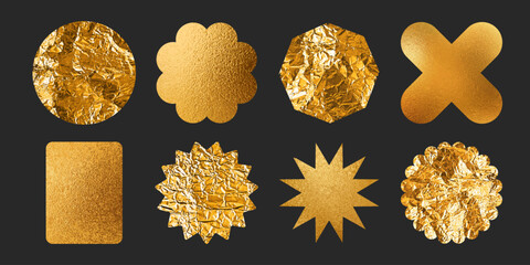Gold foil sticker with crumpled texture and golden seal design. Circular metallic badge and starburst emblem for premium certificates or awards, labels or price tags with shiny gradient finish.