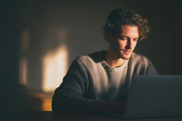 Young man with curly hair working on laptop in warm sunset light, focused freelancer at home, student studying in cozy room, remote work lifestyle, professional productivity.
