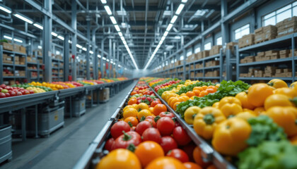 Vibrant assortment of fresh vegetables, including tomatoes, bell peppers, and leafy greens, is displayed conveyor belt modern warehouse. setting is well lit, emphasizing freshness and variety