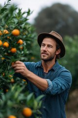 Young male farmer picking orange from tree among green leaves, serene outdoor harvest scene.