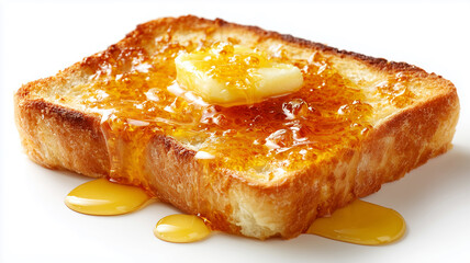 Buttered toast with little drips of melted butter on a white background.