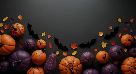 Halloween pumpkins and bats on a dark background, festive autumn decor.