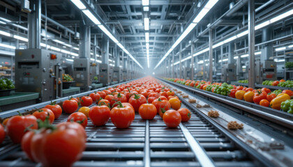 Modern automated factory processes fresh tomatoes on conveyor belt, showcasing advanced technology in agriculture. vibrant red tomatoes are neatly arranged, highlighting efficiency