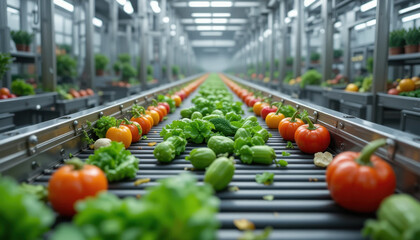 Fresh vegetables including tomatoes, lettuce, and peppers move along conveyor belt in modern, well lit food processing facility, showcasing efficient agricultural technology