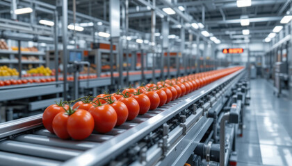 Row of fresh tomatoes moves along conveyor belt modern food processing facility, showcasing industrial efficiency and precision. bright red tomatoes are neatly aligned, highlighting advanced