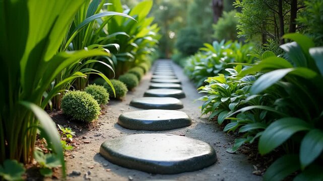 Smooth river stones embedded in garden path creating natural balance trail, tropical plants waving on the wind alongside