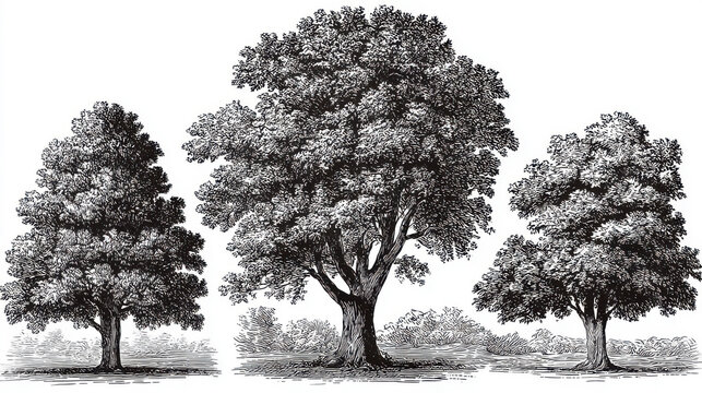 Vintage Hand-Drawn Engraved Trees in Black Ink for T-Shirt Designs, Isolated Clip Art on White Background