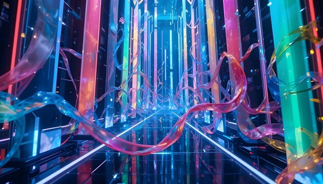 Ultra-futuristic colorful ribbons floating in mid-air, glowing neon gradients, holographic light trails, dark sci-fi background, cinematic lighting, 8K digital art
 - Powered by Adobe